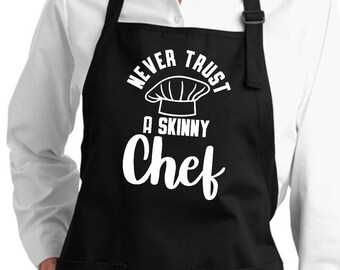 Avental de cozinha engraçado: Nunca confie em um cozinheiro magro. Ajuste regulável, ideal para chefs de cozinha. Presente de Natal.