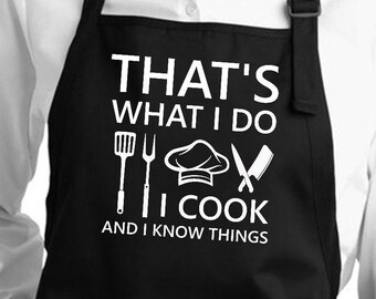 Eso es lo que hago. Cocino y sé cosas. Delantal, divertido delantal de cocina para chef, bolsillos, delantal para barbacoa, delantal de cuerpo entero, regalo para mamá.