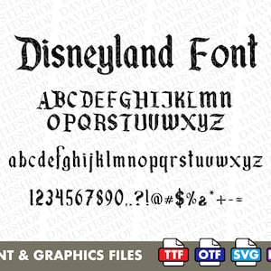 Könnte beinhalten: Schwarzweißes Bild der Disneyland-Schriftart. Die Schriftart enthält Groß- und Kleinbuchstaben, Zahlen und Satzzeichen.