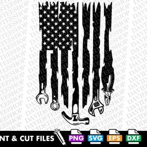 May include: Black and white graphic of the American flag with tools replacing the stripes. Tools include a wrench, pliers, hammer, and screwdriver. The words "PRINT & CUT FILES" are at the bottom with file type icons.