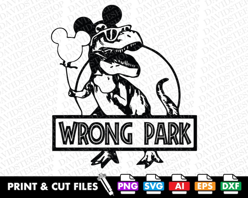 Puede incluir: Dise&ntilde;o digital en blanco y negro con un dinosaurio que lleva orejas de Mickey Mouse y sostiene un globo. El dinosaurio est&aacute; de pie frente a una pancarta que dice "WRONG PARK".