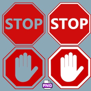 May include: Four red octagonal stop signs with white borders. Two signs say "STOP" in white letters. Two signs have a white hand with the palm facing outward.