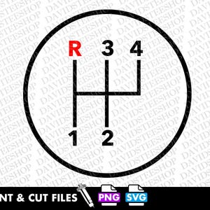 Può includere: Un'illustrazione in bianco e nero di uno schema di cambio marcia di un'auto. I numeri 1, 2, 3, 4 e R sono visualizzati in un cerchio.