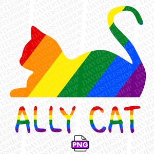 May include: A rainbow-colored cat silhouette with the text "ALLY CAT" underneath. The cat is facing left and has a curled tail.