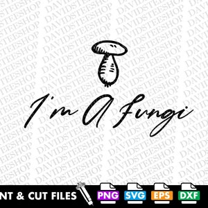 Puede incluir: Ilustración digital en blanco y negro de un hongo con el texto "I'm a Fungi" en una fuente manuscrita.