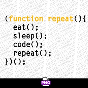 Może przedstawiać: Czarno-biały tekst na białym tle. Tekst brzmi: (function repeat() { eat(); sleep(); code(); repeat(); })();