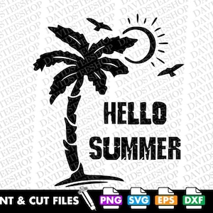 Può includere: Grafica in bianco e nero con una palma, un sole e il testo "Hello Summer".