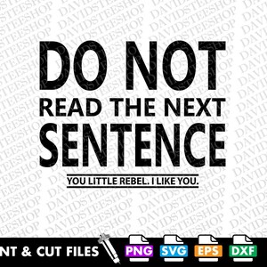 Puede incluir: Un diseño gráfico digital que presenta el texto negro DO NOT READ THE NEXT SENTENCE en letras grandes y negritas, seguido del texto más pequeño YOU LITTLE REBEL. I LIKE YOU. encerrado en un borde rectangular, sobre un fondo blanco.