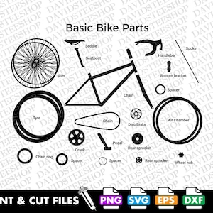 Peut inclure: Illustration en noir et blanc d'un vélo avec des étiquettes pour chaque partie, y compris la selle, la tige de selle, la jante, le pneu, la chaîne, le frein à disque, la pédale, le pignon arrière, le plateau, le pédalier, l'entretoise, la chambre à air, le guidon, le boîtier de pédalier, le rayon et le moyeu de roue. Le texte "Basic Bike Parts" est en haut de l'image.