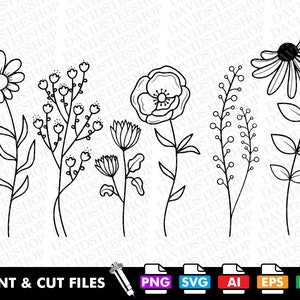Floral Plants Flower Botanical Garden Wildflowers Svg Vector Cut File Clipart Download for Cricut Silhouette (Svg, Png, Eps, Ai, Dxf)