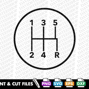 May include: Black and white graphic of a car's manual transmission gear shift pattern. The design features a circular frame with numbers 1 through 5, and 'R' for reverse, indicating the gear positions. The text 'PRINT & CUT FILES' is at the bottom.