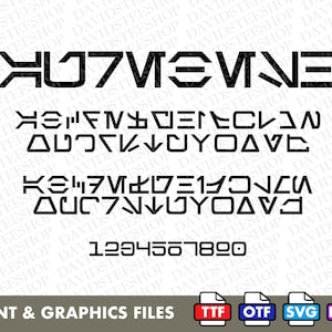 Könnte beinhalten: Schwarze Schrift- und Grafikdateien, einschließlich der Formate TTF, OTF, SVG und PNG. Das Bild zeigt stilisierten Text in einem futuristischen Design sowie die Zahlen 1 bis 0. Der Text enthält das Wort "MOVIE" und andere Phrasen.
