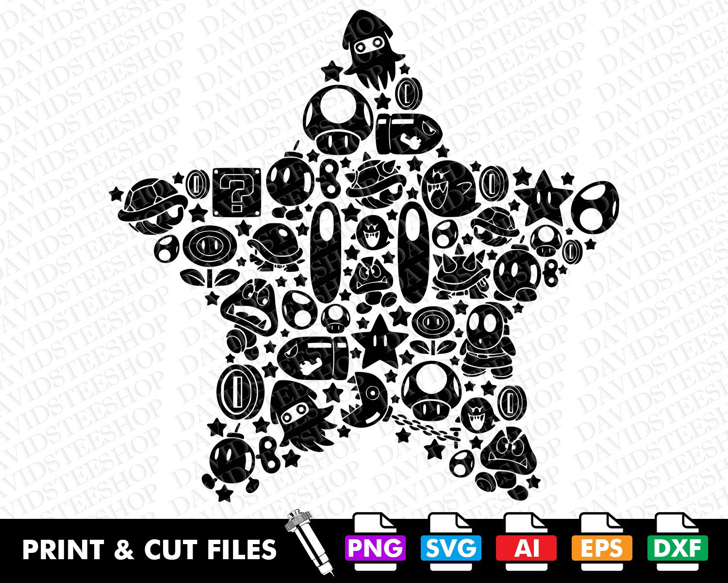 Mario Star Mosaic Silhouette Svg Vector Cut File Clipart Download for Cricut Silhouette (Svg, Png, Eps, Ai, Dxf)