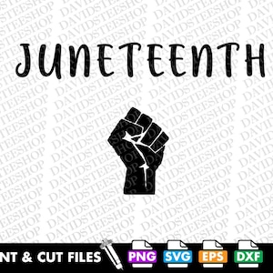 May include: Black and white graphic design featuring the text "Juneteenth" and a raised fist.