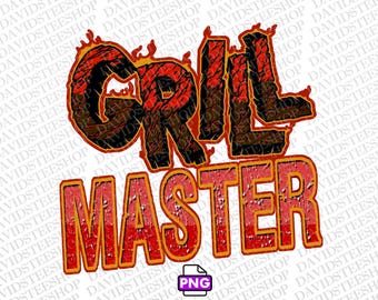 May include: Red and black graphic text that reads "Grill Master" with flames and a textured background.