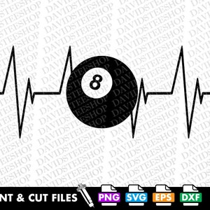 Puede incluir: Gráfico en blanco y negro de un latido del corazón con una bola de billar negra y blanca en el centro. El gráfico incluye el texto "IMPRIMIR Y CORTAR ARCHIVOS" e iconos para los formatos de archivo PNG, SVG, EPS y DXF.