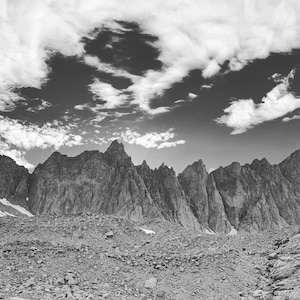 Mt. Whitney Trail from Trail Camp view of Sawtooth peaks B&W