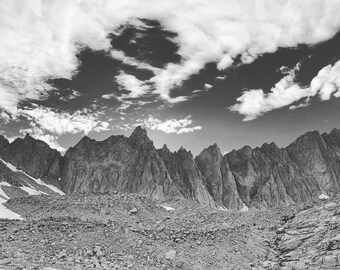 Mt. Whitney Trail from Trail Camp view of Sawtooth peaks B&W