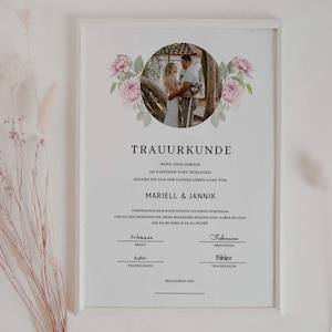Trauurkunde mit Foto mit Rosen für freie Trauung und Standesamt | Digitaler Download
