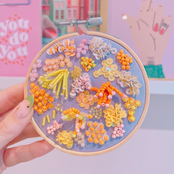 Handmade Beaded Embroidery Hoop Art Seed Bead Sequin Abstract Design  | Lilac, Orange & Yellow