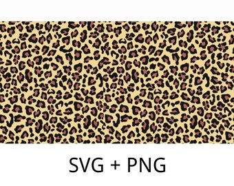 May include: A seamless pattern featuring a leopard print design. The pattern consists of brown and black spots on a tan background. The text "SVG + PNG" is displayed at the bottom of the image.