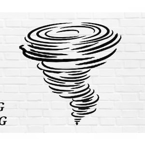 Puede incluir: Ilustración en blanco y negro de línea de arte de un tornado. El tornado se representa como un vórtice de aire giratorio.