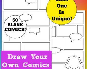 50 Blank Comic Book Pages to Make Your Own Comic, Exclusive Printable Comic Book Templates, Every Page Has Speech Bubbles