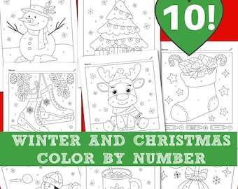 10 articles à imprimer couleur par numéro pour l'hiver et Noël : Enseigner les nombres et les couleurs, fiches d'exercices pour les enfants d'âge préscolaire et la maternelle