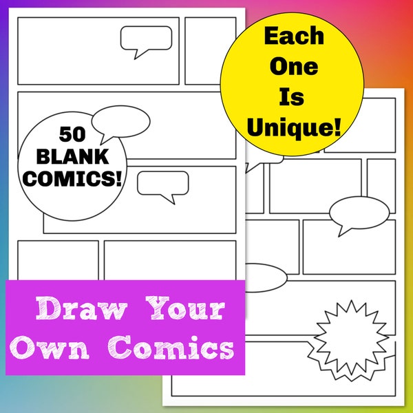 50 Blank Comic Book Pages to Make Your Own Comic, Exclusive Printable Comic Book Templates, Every Page Has Speech Bubbles