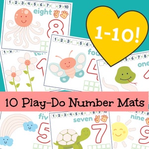 May include: Ten colorful printable play-doh number mats featuring numbers 1 through 10 with various illustrations, including an octopus, a flower, a butterfly, a snake, a rainbow, a turtle, and a sun. The title "10 Play-Do Number Mats" is at the bottom of the image.