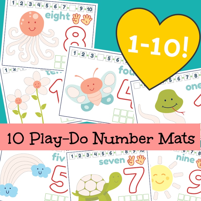 May include: Ten colorful printable play-doh number mats featuring numbers 1 through 10 with various illustrations, including an octopus, a flower, a butterfly, a snake, a rainbow, a turtle, and a sun. The title "10 Play-Do Number Mats" is at the bottom of the image.