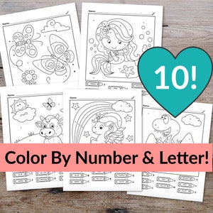 10 hojas de trabajo para colorear por números y colorear por letras: imprimibles para colorear por números, imprimibles para colorear por letras, páginas para colorear para niños