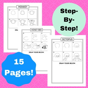 15 Step-by-Step Animals for Kids: Directed Drawing Printables, How To Draw for Kids, How To Draw for Toddlers, Animal Drawing Tutorials