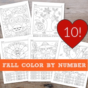 10 páginas para colorir imprimíveis de outono, cores por número, para crianças!