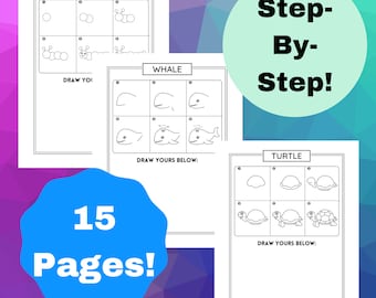 Set 2 di 15 animali passo dopo passo per bambini: disegno diretto, come disegnare per i bambini, come disegnare per i più piccoli, tutorial sul disegno degli animali