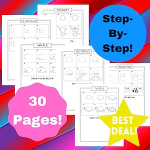 30 Step-by-Step Animals for Kids: Directed Drawing, How To Draw for Kids, How To Draw for Toddlers, Animal Drawing Tutorials