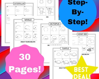 30 Step-by-Step Animals for Kids: Directed Drawing, How To Draw for Kids, How To Draw for Toddlers, Animal Drawing Tutorials