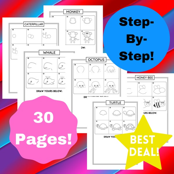 30 Step-by-Step Animals for Kids: Directed Drawing, How To Draw for Kids, How To Draw for Toddlers, Animal Drawing Tutorials