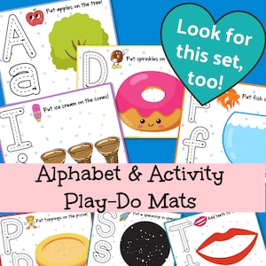 May include: A set of colorful alphabet and activity play-doh mats. Each mat features a different letter of the alphabet and a corresponding activity. For example, the letter A has an apple tree, the letter D has a donut, and the letter I has ice cream cones.