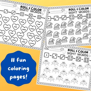 May include: Three black and white printable worksheets with the words "Roll & Color Sight Words" at the top. Each worksheet has a different set of sight words and a dice with different numbers of dots. The words are in hearts, hats, and spaceships.