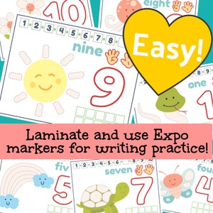 May include: A set of ten colorful printable number tracing worksheets for kids. Each worksheet features a different number, a cute animal, and a dotted line for tracing. The text "Easy!" and "Laminate and use Expo markers for writing practice!" is included on the image.
