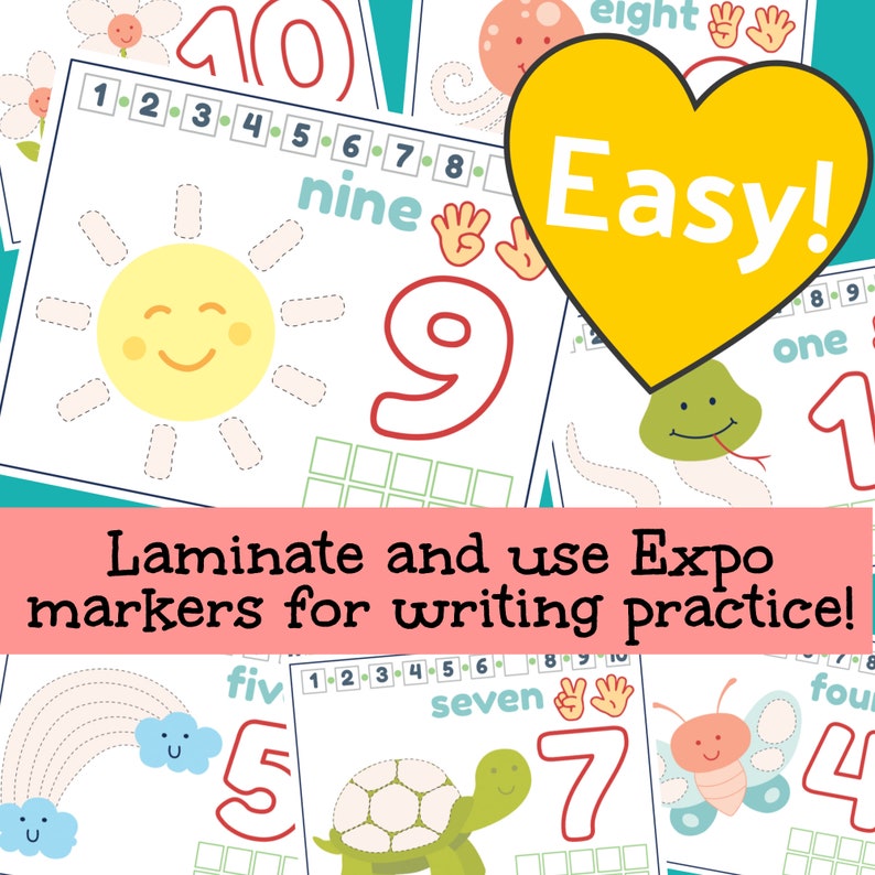 May include: A set of ten colorful printable number tracing worksheets for kids. Each worksheet features a different number, a cute animal, and a dotted line for tracing. The text "Easy!" and "Laminate and use Expo markers for writing practice!" is included on the image.
