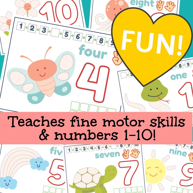 May include: A set of ten colorful printable worksheets featuring numbers 1-10 with various illustrations. The worksheets are designed to teach fine motor skills and number recognition. The text "FUN!" is featured in a yellow heart shape.