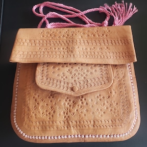 Vintage Berber natural Leather bag, Morocco, cactus silk? pink embroidery, handmade, Boho, Vintage Leather Bag travel bag,Messenger Bag
