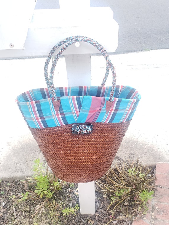 African Beaded Straw Bag Handwoven,Tote Beach Bag… - image 2