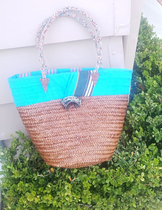 African Beaded Straw Bag Handwoven,Tote Beach Bag,