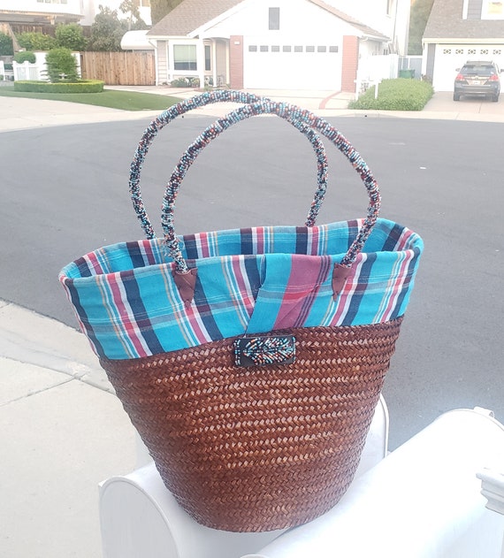 African Beaded Straw Bag Handwoven,Tote Beach Bag… - image 1