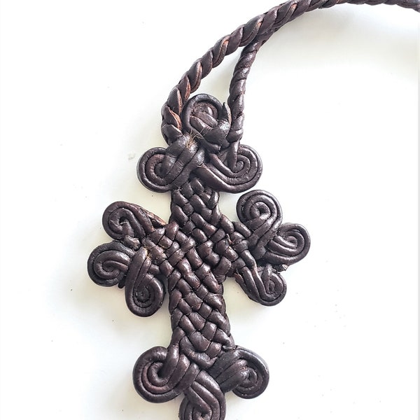 Ethiopian Leather Coptic Cross Amulet Leather Cross Necklace, Christian Jewelry, braided leather,mens leather cross,leather necklace