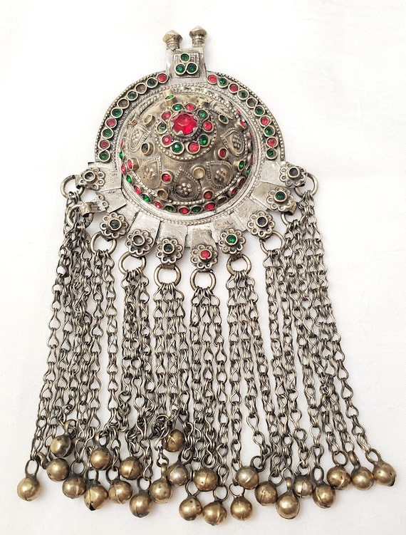 Antique large Yemen  Silver Pendant with Bells tr… - image 1