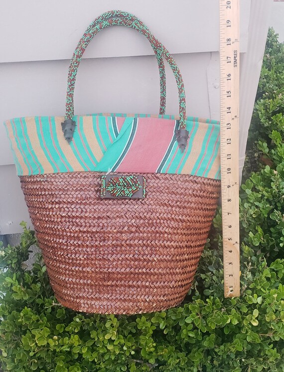 African Beaded Straw Bag Handwoven,Tote Beach Bag… - image 2